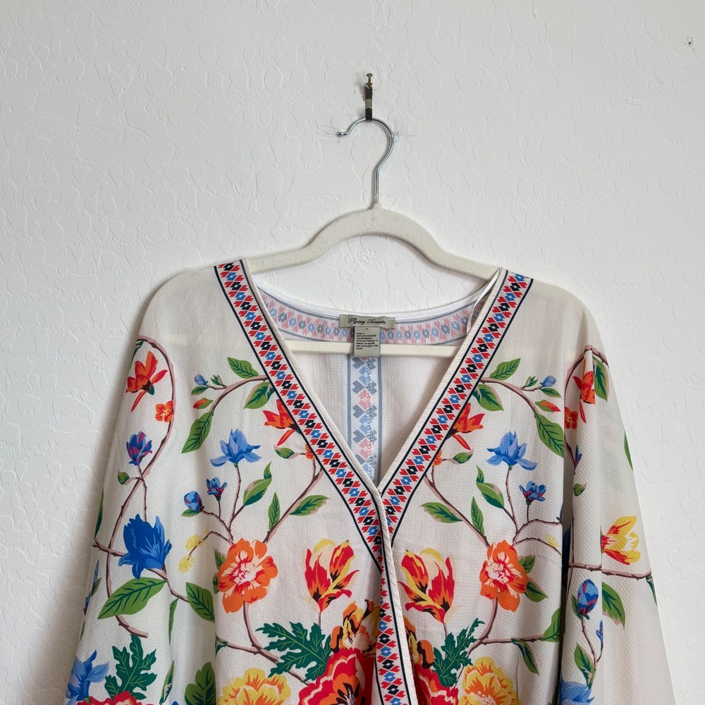 Flying Tomato Floral Kimono Top Cream V-Neck Dolman Sleeve Boho Festival Large - Picture 2 of 9